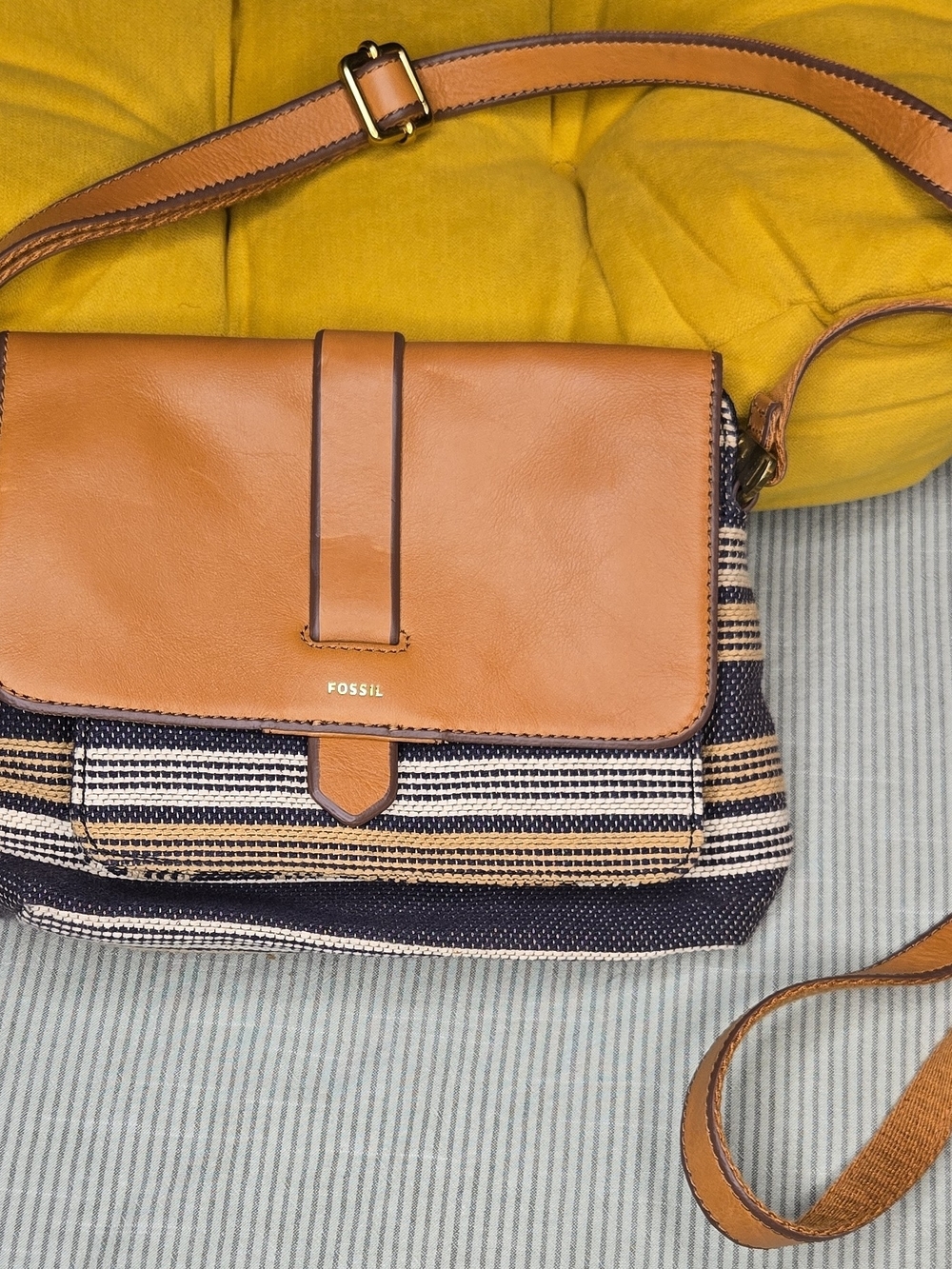 Fossil Tan Leather & Navy Striped Crossbody Bag